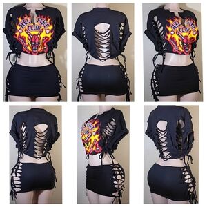 Black Custom Skirt Set with Side Lace-Up Detail